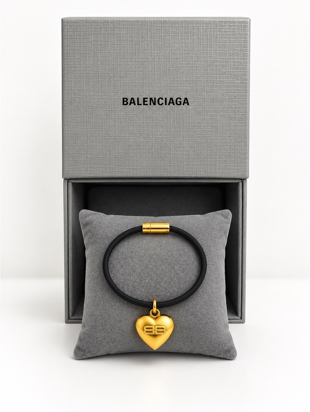 Balenciaga BB Icon Heart Charm Bracelet Black Rubber Gold Tone With Box